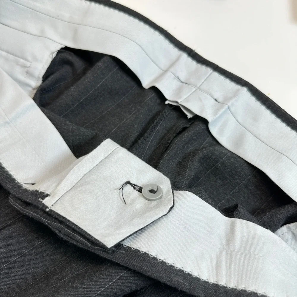 VTG 80s ACTWU‎ Union Made Bespoke Man In Wool Pinstripe Suit Charcoal 2 Button